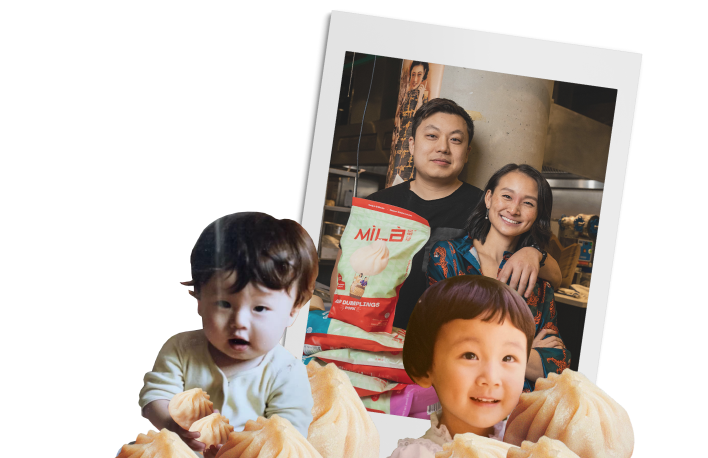 Founders Caleb and Jen smiling in a polaroid-style photo with MìLà dumpling bags, two children, and soup dumplings in the foreground